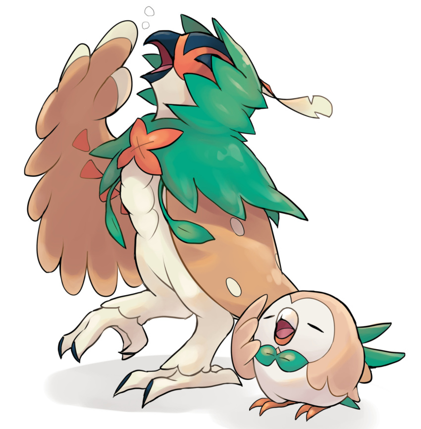 beak bird closed_eyes decidueye full_body height_difference highres leg_up mimori_mushi no_humans open_mouth owl pokemon pokemon_(creature) pokemon_(game) pokemon_sm rowlet simple_background talons white_background yawning