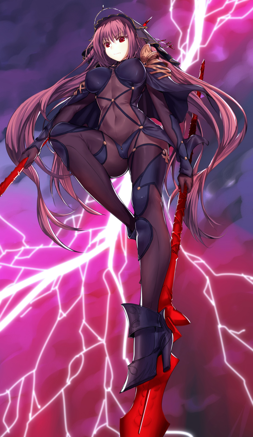 1girl absurdres armor bodysuit breasts covered_navel fate/grand_order fate_(series) full_body gae_bolg graphite_(medium) highres holding holding_weapon large_breasts lightning long_hair looking_at_viewer onceskylark pauldrons polearm purple_bodysuit purple_hair red_eyes scathach_(fate/grand_order) shoulder_armor spear traditional_media veil very_long_hair weapon