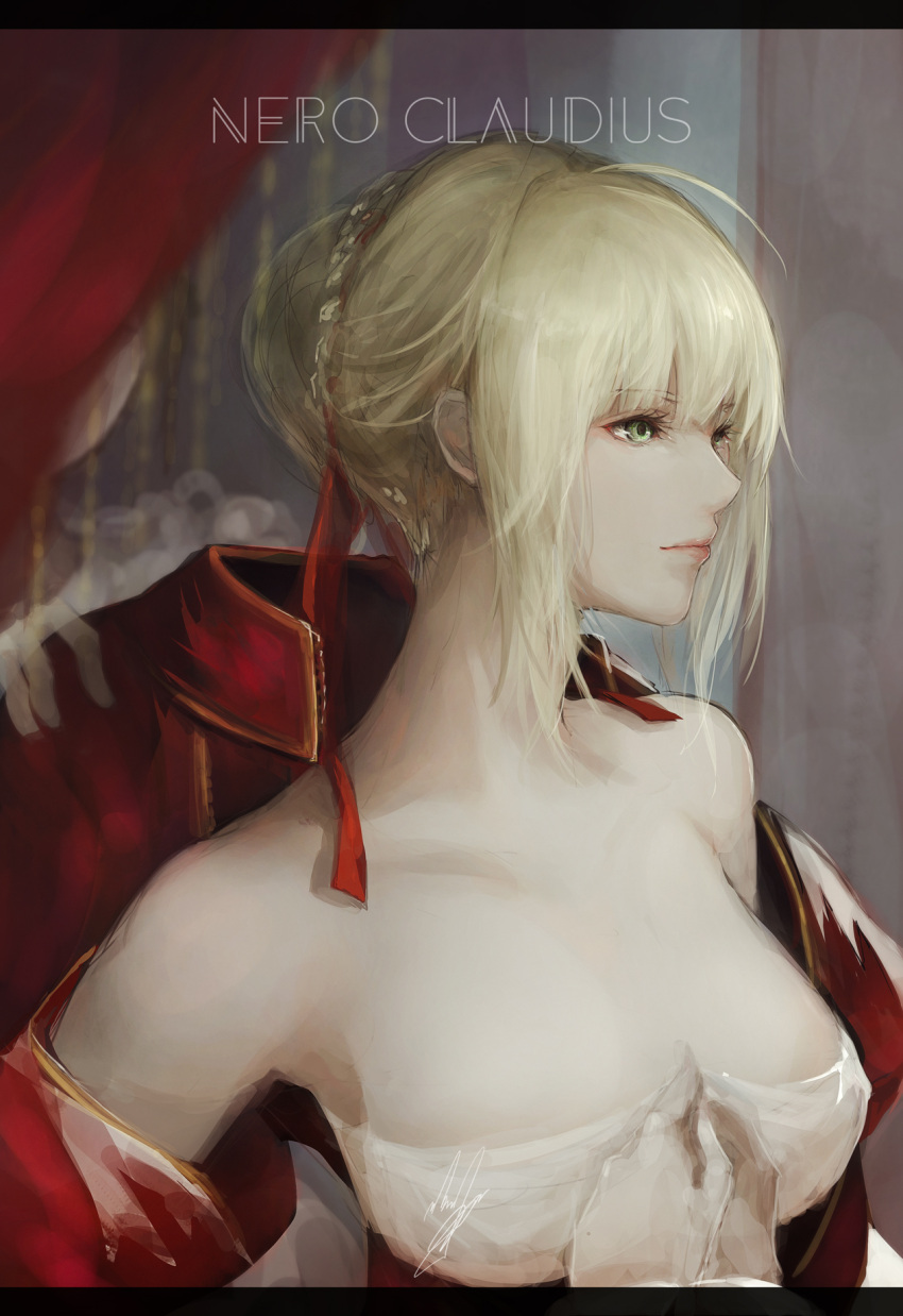 1girl ahoge bare_shoulders blonde_hair body_offscreen braid breasts character_name cleavage collarbone commentary_request dress dressing fate/extra fate_(series) french_braid gloves green_eyes hair_intakes highres lips marumoru red_dress saber_extra short_hair solo upper_body white_gloves