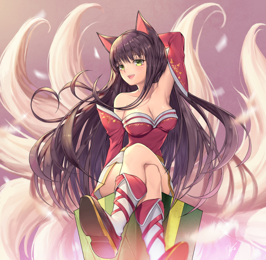 1girl :d ahri animal_ears arm_up armpits blush detached_sleeves fang fox_ears fox_tail highres kyuubi league_of_legends lee_seok_ho long_sleeves multiple_tails open_mouth smile solo tail