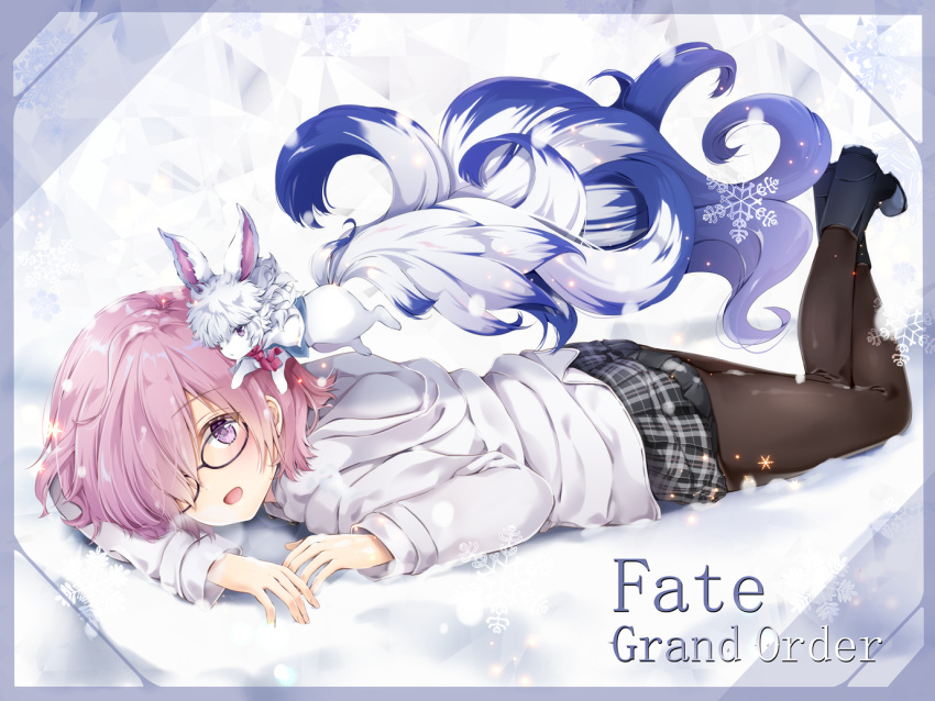 1girl :d bangs black-framed_eyewear black_skirt blush coat copyright_name eyebrows_visible_through_hair fate/grand_order fate_(series) fou_(fate/grand_order) glasses hair_over_one_eye lavender_hair legs_crossed long_sleeves looking_at_viewer lying on_stomach open_mouth pantyhose plaid plaid_skirt pleated_skirt purple_hair shielder_(fate/grand_order) short_hair skirt smile snow snowflakes solo violet_eyes white_coat yoshida_iyo