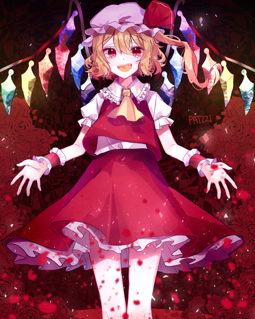1girl artist_name ascot blonde_hair commentary_request flandre_scarlet frills hat hat_ribbon highres looking_at_viewer mob_cap open_mouth patzzi petticoat puffy_short_sleeves puffy_sleeves red_eyes red_ribbon ribbon short_sleeves side_ponytail solo touhou wings wrist_cuffs yellow_neckwear