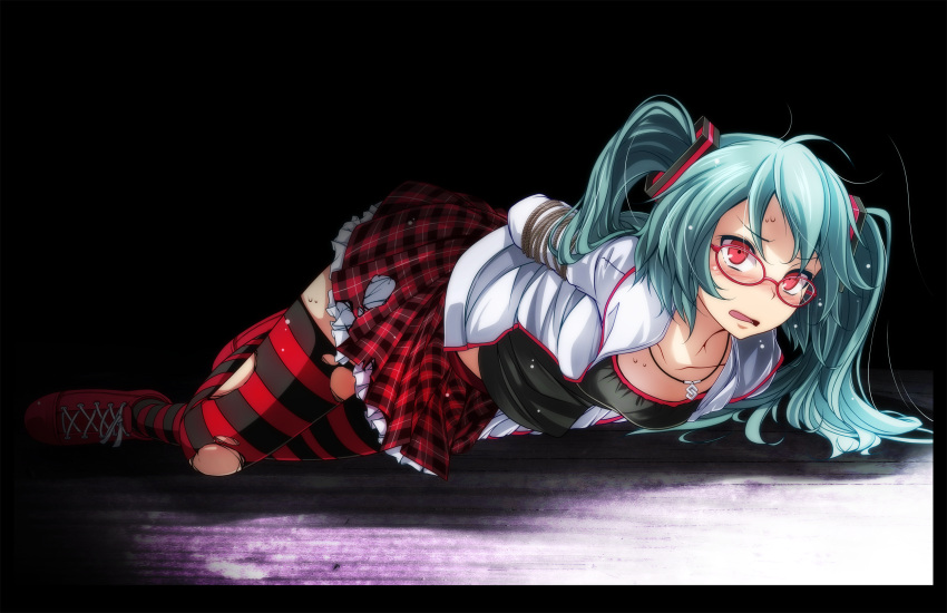1girl ahoge aqua_hair arms_up bdsm black_border black_shirt blush bondage border bound bound_arms breasts collarbone dark_background foreshortening frilled_skirt frills full_body glasses hatsune_miku highres jacket jewelry long_hair long_sleeves lying necklace nose_blush on_stomach open_clothes open_jacket open_mouth plaid plaid_skirt pleated_skirt project_diva_(series) red-framed_eyewear red_footwear red_skirt shirt shoes skirt small_breasts striped striped_legwear thigh-highs torn_clothes torn_skirt torn_thighhighs tsukishiro_saika tsurime twintails v-shaped_eyebrows vocaloid white_jacket