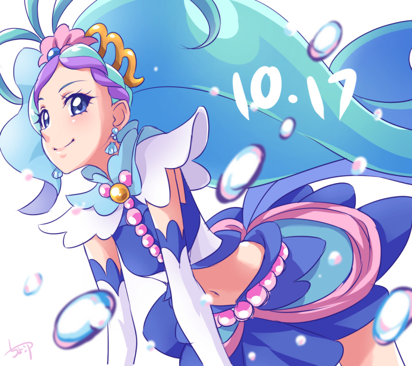 1girl blue_eyes blue_hair blue_skirt chocokin closed_mouth cowboy_shot crop_top cure_mermaid dated earrings go!_princess_precure jewelry kaidou_minami leaning_forward long_hair looking_at_viewer magical_girl multicolored_hair precure purple_hair signature simple_background skirt smile solo streaked_hair two-tone_hair white_background