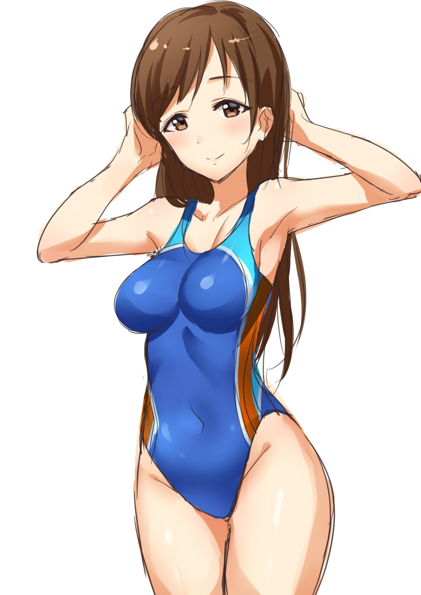 1girl absurdres armpits arms_up bangs bare_shoulders blue_swimsuit blush breasts brown_eyes brown_hair collarbone covered_navel highleg highleg_swimsuit highres hips idolmaster idolmaster_cinderella_girls long_hair medium_breasts nitta_minami one-piece_swimsuit simple_background sketch smile solo swept_bangs swimsuit takeashiro thighs waist white_background