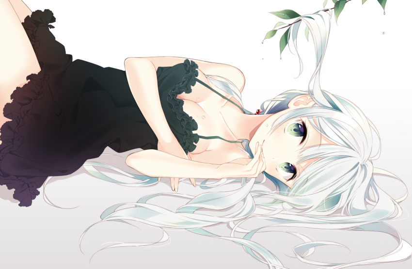 1girl bangs bare_shoulders black_dress blush branch breasts cleavage closed_mouth collarbone dress green_eyes knees_up leaf long_hair looking_at_viewer lying medium_breasts naoto_(tulip) nightgown on_back original short_dress sidelocks silver_hair smile solo tareme water_drop