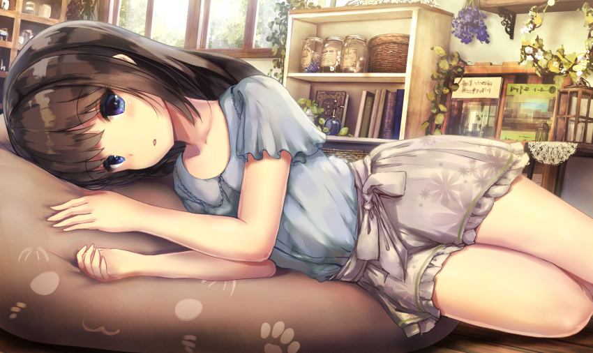 1girl bangs black_hair blue_eyes book eyebrows_visible_through_hair highres indoors jar long_hair looking_at_viewer lying missile228 on_side original parted_lips plant room shelf solo tagme