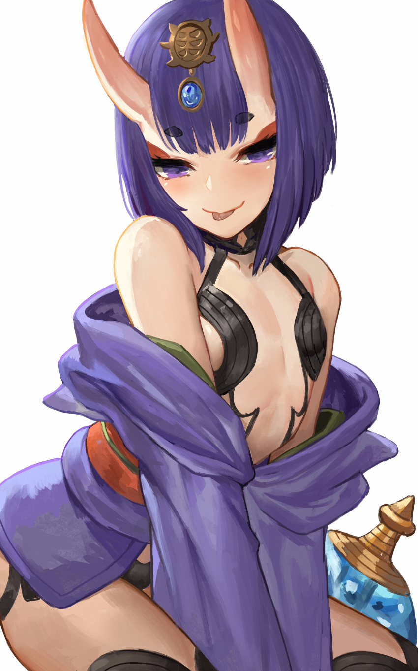 1girl :p absurdres akizone bangs blush bob_cut bottle commentary cowboy_shot eyebrows_visible_through_hair eyelashes fate/grand_order fate_(series) flat_chest gem hair_ornament highres horns japanese_clothes kimono leaning_forward looking_at_viewer obi off_shoulder oni oni_horns purple_hair revealing_clothes sash short_hair shuten_douji_(fate/grand_order) simple_background smile solo tongue tongue_out v_arms violet_eyes white_background wide_sleeves