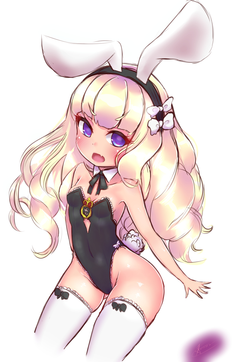 1girl absurdres animal_ears azur_lane black_leotard black_ribbon blonde_hair blue_eyes bow bunny_tail bunnysuit detached_collar fang flat_chest hair_bow highres leotard long_hair looking_at_viewer neck_ribbon open_mouth queen_elizabeth_(azur_lane) rabbit_ears ribbon solo strapless strapless_leotard tail thigh-highs uatemyrice white_bow white_legwear wrist_cuffs