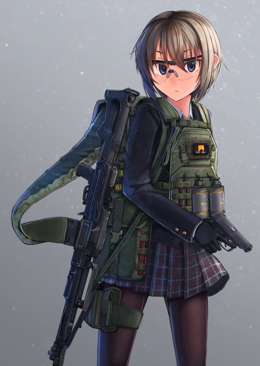 1girl absurdres black_legwear blazer blue_eyes brown_hair dreadtie explosive gloves grenade grey_background gun handgun highres holster jacket looking_at_viewer original pantyhose pleated_skirt safety_glasses short_hair simple_background skirt solo standing thigh_holster weapon