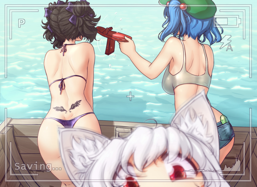 3girls ass back bare_legs bare_shoulders bikini black_hair blue_hair cucumber day double_bun from_behind geta green_hat hair_bobbles hair_ornament hat hater_(hatater) highres himekaidou_hatate inubashiri_momiji kawashiro_nitori multiple_girls outdoors photobomb pocket purple_bikini short_hair summer swimsuit tank_top tattoo tengu-geta thigh_gap thong thong_bikini touhou two_side_up viewfinder water wet