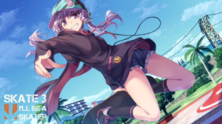 1girl :d animal_hood badge bangs baseball_cap black_footwear black_legwear black_shorts blue_sky button_badge clouds day drawstring dutch_angle english field flask_(pandora) floodlights foreshortening frilled_shorts frills grass grin hair_tubes hat headphones highres hood hood_down hoodie kneehighs long_hair long_sleeves low_twintails midair open_fly open_mouth outdoors palm_tree pointing pointing_at_viewer power_lines purple_hair shoes short_shorts shorts skateboard skateboarding sky smile smiley_face sneakers solo tareme teeth tree twintails violet_eyes vocaloid voiceroid yuzuki_yukari