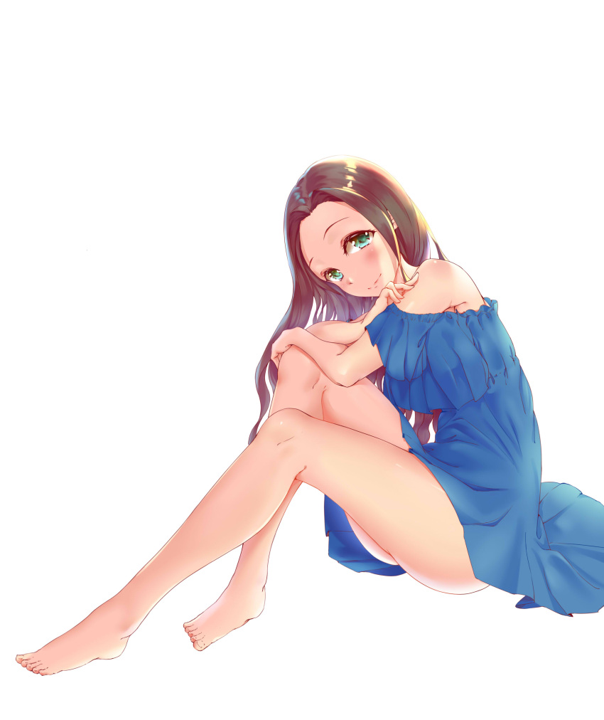 1girl absurdres bare_shoulders barefoot blush brown_hair dress green_eyes highres legs long_hair looking_at_viewer looking_to_the_side original qian_bao_liushang simple_background smile solo tagme