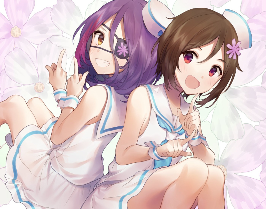 2girls blush brown_eyes brown_hair doumyouji_karin dress eyepatch fang floral_background hat hayasaka_mirei idolmaster idolmaster_cinderella_girls looking_at_viewer misha_(hoongju) multiple_girls open_mouth pointing purple_hair red_eyes sailor_dress sailor_hat short_hair sleeveless smile wrist_cuffs