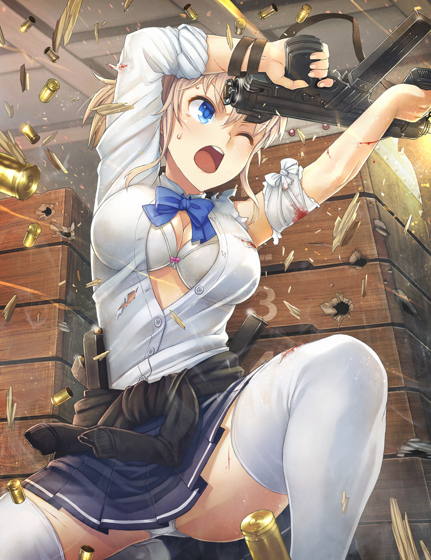 1girl bandage bandaged_arm beretta_m12 blonde_girl_(itou) blonde_hair blood blue_eyes blue_neckwear bow bowtie bra breasts bullet_hole casing_ejection clothes_around_waist debris eyebrows_visible_through_hair finger_on_trigger firing gun highres holding holding_weapon injury itou_(onsoku_tassha) jewelry large_breasts long_sleeves magazine_(weapon) one_eye_closed open_clothes open_mouth open_shirt original panties pantyshot pantyshot_(squatting) pleated_skirt revision shell_casing shirt shoes short_hair skirt sling solo sparks squatting submachine_gun sweater_around_waist thigh-highs torn_clothes torn_sleeves underwear v-shaped_eyebrows weapon white_bra white_legwear white_panties white_shirt zettai_ryouiki