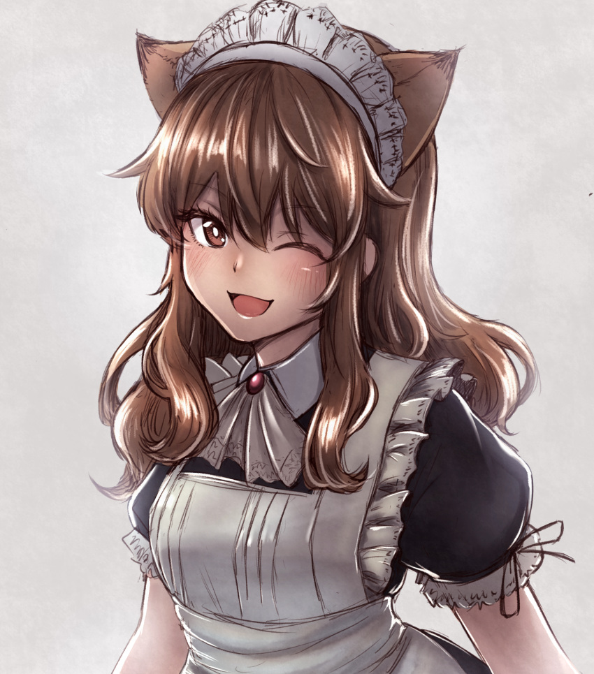1girl ;d animal_ears blush brown_eyes brown_hair commentary fernandia_malvezzi grey_background highres liar_lawyer long_hair looking_at_viewer maid maid_headdress one_eye_closed open_mouth short_sleeves smile solo strike_witches world_witches_series