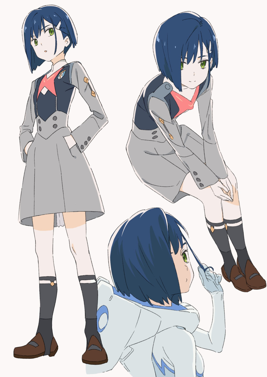 1girl blue_hair brown_footwear character_sheet code:015 darling_in_the_franxx green_eyes hair_over_one_eye highres ichigo_(darling_in_the_franxx) pilot_suit school_uniform short_hair simple_background sitting smile socks solo unagi_(mj_yuki) white_background