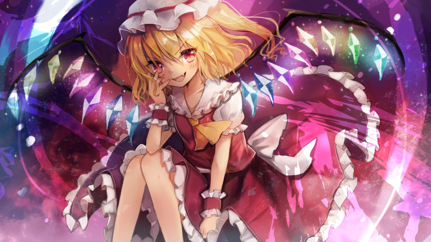 1girl ascot blonde_hair commentary_request fang flandre_scarlet frills hat highres kohaku_muro looking_at_viewer mob_cap open_mouth petticoat puffy_short_sleeves puffy_sleeves red_eyes sash short_sleeves side_ponytail solo touhou wings wrist_cuffs yellow_neckwear