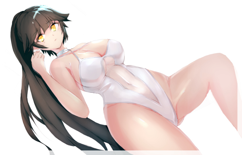 1girl azur_lane black_hair bow breasts bump_(bump321) casual_one-piece_swimsuit criss-cross_halter hair_flaps halterneck large_breasts long_hair looking_at_viewer lying navel one-piece_swimsuit ponytail simple_background solo swimsuit takao_(azur_lane) white_background white_bow white_swimsuit yellow_eyes