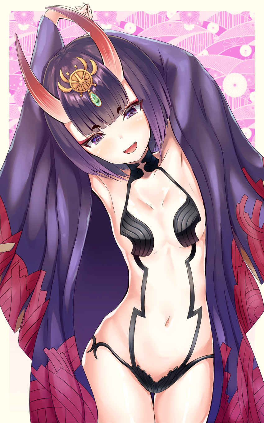 1girl arms_up bob_cut breasts eyebrows_visible_through_hair fate/grand_order fate_(series) hamalu highres horns japanese_clothes navel oni oni_horns open_mouth pale_skin purple_hair shuten_douji_(fate/grand_order) small_breasts smile solo violet_eyes