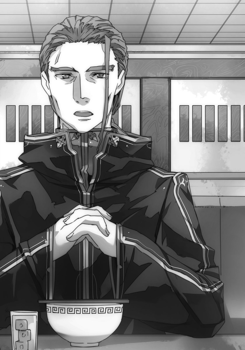 1boy abec greyscale heathcliff highres interlocked_fingers looking_at_viewer monochrome novel_illustration official_art open_mouth sidelocks sitting solo sword_art_online upper_body