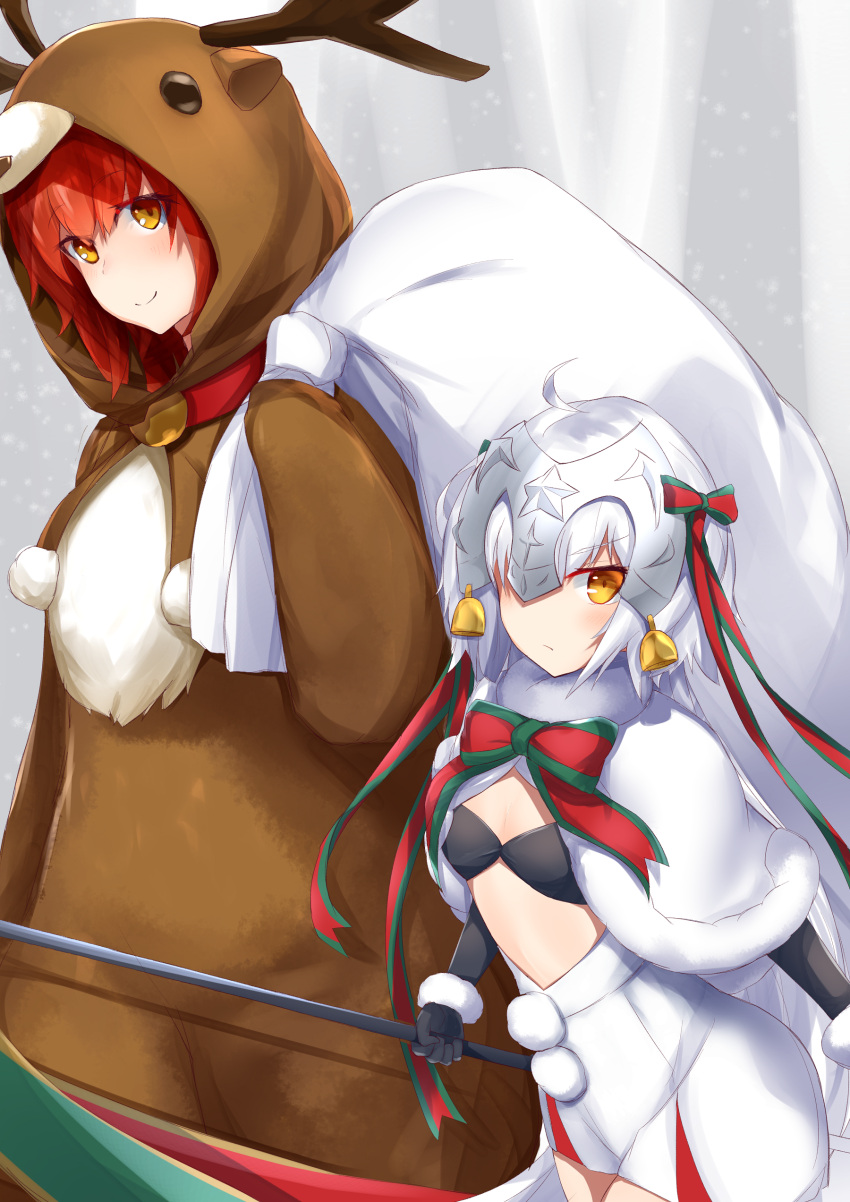 2girls absurdres ahoge animal_costume bangs bell bikini_top black_gloves blush bow bowtie breasts capelet cleavage cowboy_shot elbow_gloves eyebrows_visible_through_hair fate/grand_order fate_(series) fujimaru_ritsuka_(female) fur_trim gloves hair_bow headpiece highres holding holding_weapon jeanne_d'arc_(fate)_(all) jeanne_d'arc_alter_santa_lily leaning_forward long_hair looking_at_viewer multiple_girls nanakaku polearm pom_pom_(clothes) redhead reindeer_costume ribbon sack skirt small_breasts smile snowing star very_long_hair weapon white_hair yellow_eyes