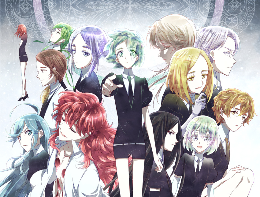 ahoge alexandrite_(houseki_no_kuni) androgynous belt black_hair black_neckwear blonde_hair bort cairngorm_(houseki_no_kuni) closed_eyes crystal_hair diamond_(houseki_no_kuni) elbow_gloves eteraito euclase_(houseki_no_kuni) eyes_visible_through_hair ghost_quartz_(houseki_no_kuni) gloves high_heels highres houseki_no_kuni jade_(houseki_no_kuni) long_hair multicolored_hair necktie open_clothes open_shirt outstretched_hand padparadscha_(houseki_no_kuni) pale_skin phosphophyllite puffy_short_sleeves puffy_sleeves redhead rutile_(houseki_no_kuni) shinsha_(houseki_no_kuni) shirt short_sleeves shorts uniform very_long_hair white_gloves yellow_diamond_(houseki_no_kuni) zircon_(houseki_no_kuni)