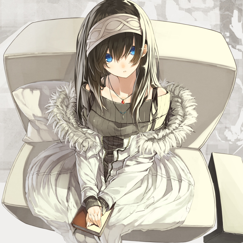 1girl bare_shoulders black_hair blue_eyes book breasts chair coat hairband highres idolmaster idolmaster_cinderella_girls jewelry long_hair looking_at_viewer necklace sagisawa_fumika senmu sitting sleeves_past_wrists solo sweater winter_clothes winter_coat