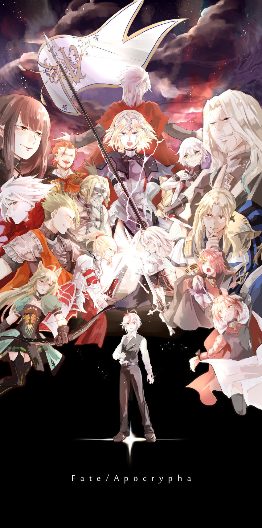 6+boys 6+girls absurdres ahoge animal_ears archer_of_black archer_of_red assassin_of_black assassin_of_red balmung_(fate/apocrypha) beard belt berserker_of_black berserker_of_red black_hair blonde_hair blue_eyes blush braid caster_of_black caster_of_red cat_ears clarent command_spell commentary_request dark_skin facial_hair fate/apocrypha fate_(series) fur_trim hair_ornament headpiece highres jeanne_d'arc_(fate) jeanne_d'arc_(fate)_(all) karna_(fate) kotomine_shirou lancer_of_black long_hair long_image looking_at_viewer multiple_boys multiple_girls open_mouth pink_hair pointy_ears ponytail rider_of_black rider_of_red saber_of_black saber_of_red scar short_hair sieg_(fate/apocrypha) single_braid smile sooru0720 sword trap very_long_hair weapon white_hair wide_image