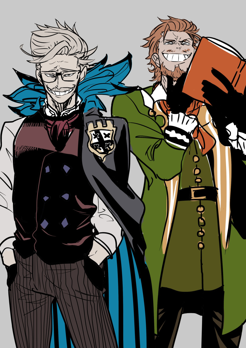 2boys absurdres beard book caster_of_red chin_stroking cravat facial_hair fate/apocrypha fate/grand_order fate_(series) glasses green_coat grey_background grey_hair grin hands_in_pockets highres james_moriarty_(fate/grand_order) looking_at_viewer male_focus multiple_boys mustache nippar orange_hair pinstripe_pattern simple_background sketch smile striped
