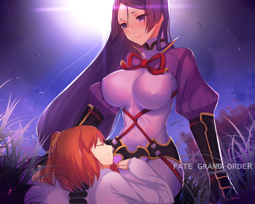 2girls bodysuit breasts closed_eyes fate/grand_order fate_(series) fingerless_gloves fujimaru_ritsuka_(female) gloves highres large_breasts long_hair minamoto_no_raikou_(fate/grand_order) multiple_girls night outdoors purple_hair redhead sitting sleeping very_long_hair violet_eyes xue_fengzi