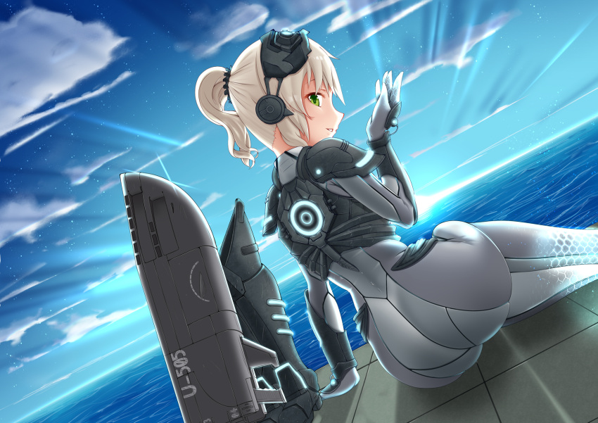 1girl ass blonde_hair bodysuit boots_removed commentary_request from_behind greaves green_eyes headgear highres lux_(pixiv4480548) machinery ocean outdoors pauldrons ponytail sitting solo u-505_(zhan_jian_shao_nyu) visor wetsuit zhan_jian_shao_nyu