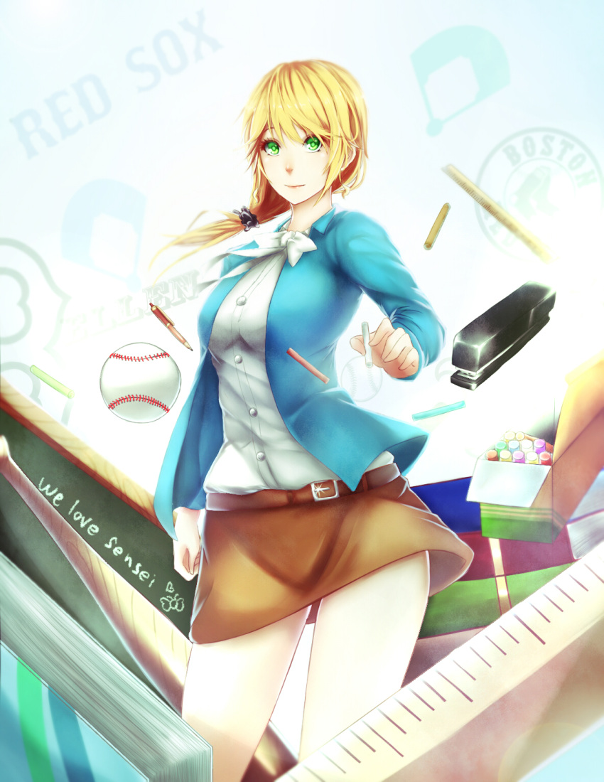 1girl baseball baseball_bat belt blonde_hair book boston_red_sox brown_skirt chalk chalkboard character_name ellen_baker english green_eyes highres kiritsu_kibwe miniskirt new_horizon pen ruler skirt solo standing stapler teacher tied_hair