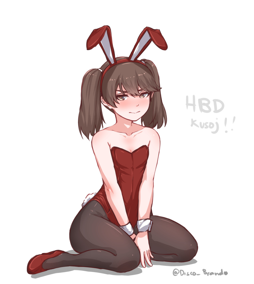 1girl animal_ears annoyed artist_name bare_shoulders black_legwear brown_eyes brown_hair bunny_tail bunnysuit commentary disco_brando fake_animal_ears full_body highres kantai_collection looking_at_viewer pantyhose rabbit_ears ryuujou_(kantai_collection) simple_background sitting solo tail twintails twitter_username v_arms white_background wrist_cuffs