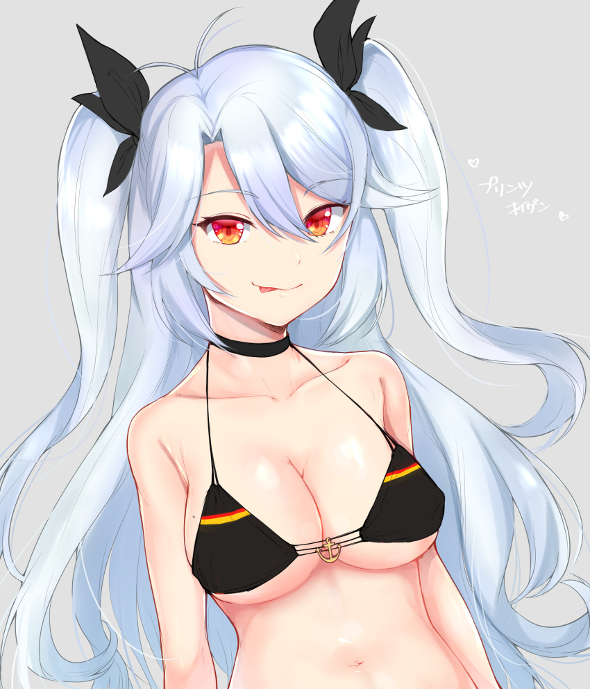 1girl :p absurdres anchor antenna_hair arms_at_sides azur_lane bare_shoulders bikini bikini_top black_bikini black_choker black_ribbon breasts cleavage closed_mouth collarbone eyebrows_visible_through_hair flag_print german_flag_bikini grey_background hair_between_eyes hair_ribbon heart highres long_hair medium_breasts mizuiro_32 multicolored_hair naughty_face navel prinz_eugen_(azur_lane) red_eyes redhead ribbon silver_hair simple_background smile streaked_hair swimsuit tongue tongue_out translated tsurime two_side_up upper_body very_long_hair