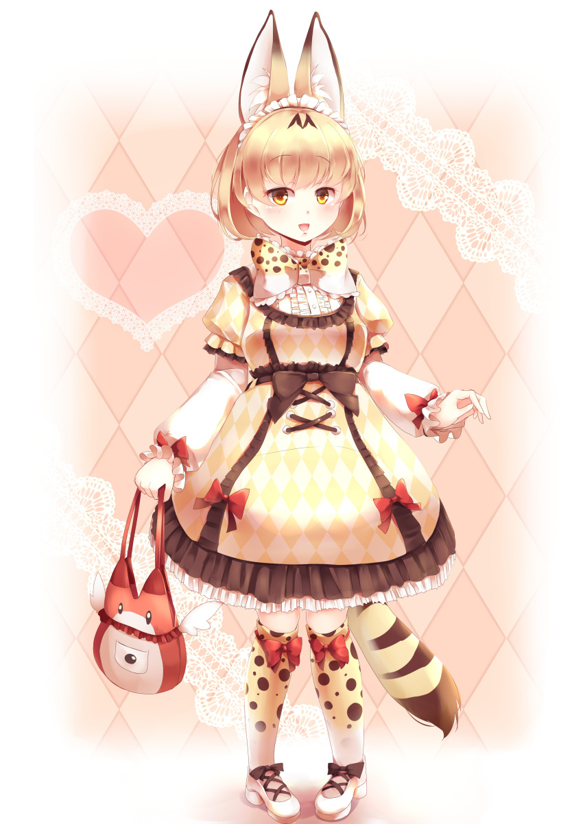 1girl :d absurdres alternate_costume animal_ears argyle argyle_background argyle_dress bag blonde_hair bow bowtie commentary_request full_body heart highres juliet_sleeves kanzakietc kemono_friends long_hair long_sleeves lucky_beast_(kemono_friends) open_mouth pigeon-toed print_bow print_legwear puffy_sleeves red_bow serval_(kemono_friends) serval_ears serval_print serval_tail short_hair smile solo tail thigh-highs