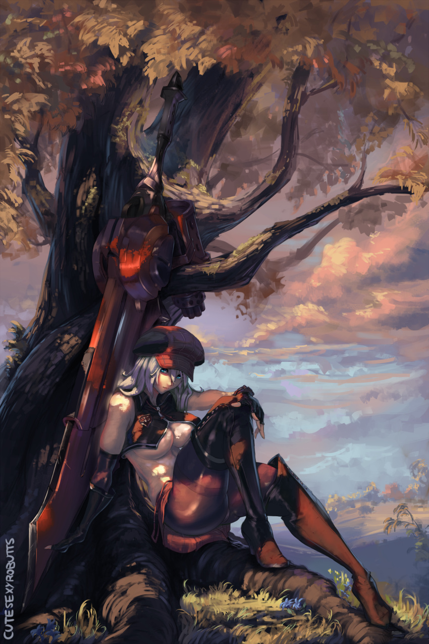 1girl alisa_ilinichina_amiella bare_shoulders blue_eyes boots breasts clouds cloudy_sky fingerless_gloves gloves god_eater hat highres large_breasts legs_up long_hair pantyhose robutts silver_hair sky solo sword thigh-highs thigh_boots thighband_pantyhose thighs tree under_boob under_tree weapon