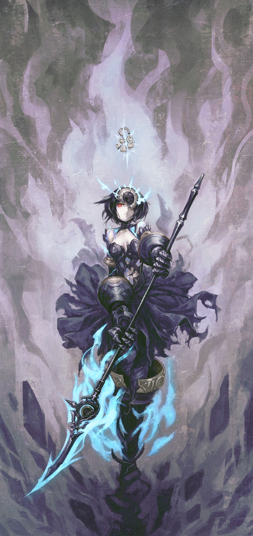 1girl a-er_(akkij0358) absurdres alice_(sinoalice) armor aura bare_shoulders black_hair black_skirt boots breastplate breasts breasts_apart bright_pupils broken claws clock closed_mouth elbow_gloves gauntlets gloves highres holding holding_weapon lock looking_at_viewer medium_breasts one_eye_covered polearm red_eyes roman_numerals short_hair sinoalice skirt solo standing weapon white_skin
