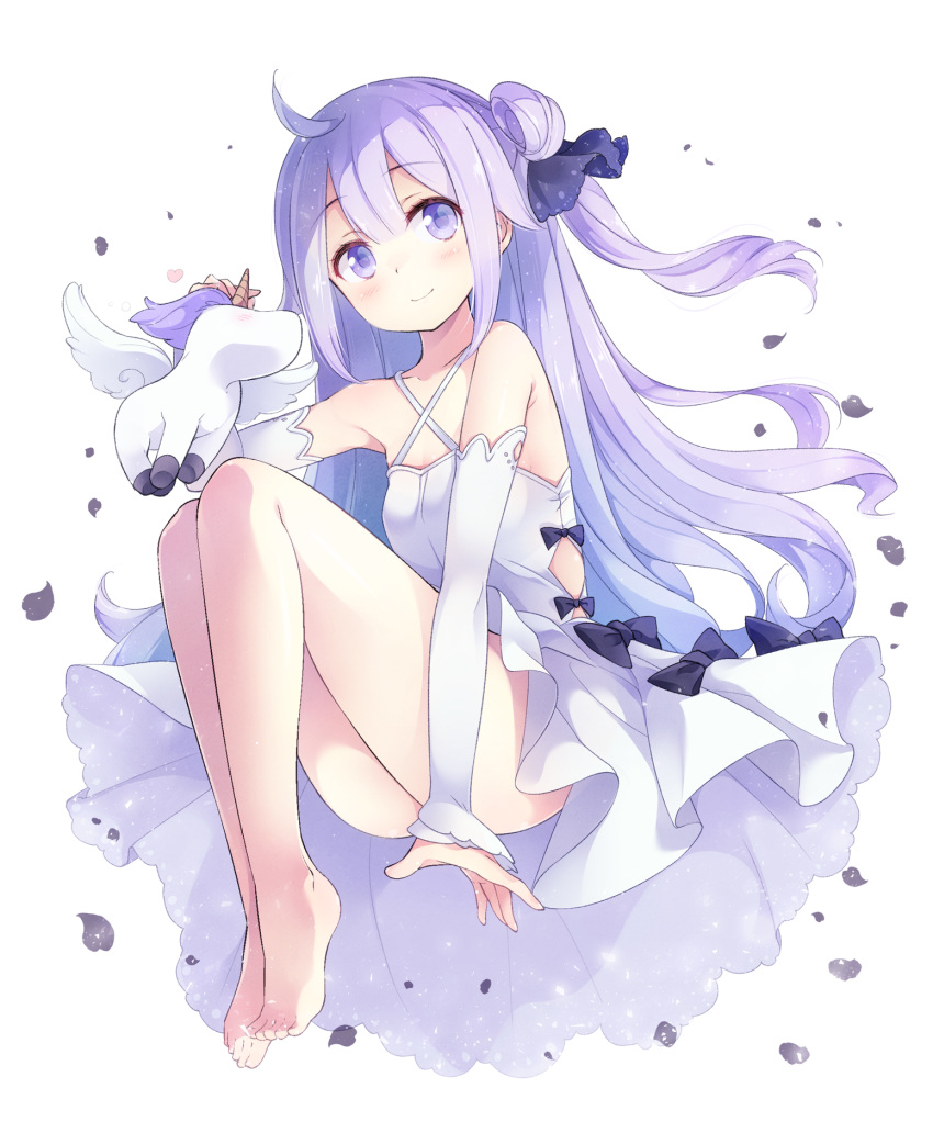 1girl ahoge azur_lane bangs bare_legs black_bow blue_hair blush bow breasts closed_mouth criss-cross_halter detached_sleeves dress dress_bow eyebrows_visible_through_hair feet full_body gradient_hair halterneck highres knees_up legs legs_together long_hair looking_at_viewer matsuuni multicolored_hair one_side_up purple_hair side_bun sidelocks simple_background small_breasts smile solo tareme thighs unicorn unicorn_(azur_lane) violet_eyes wavy_hair white_background white_dress