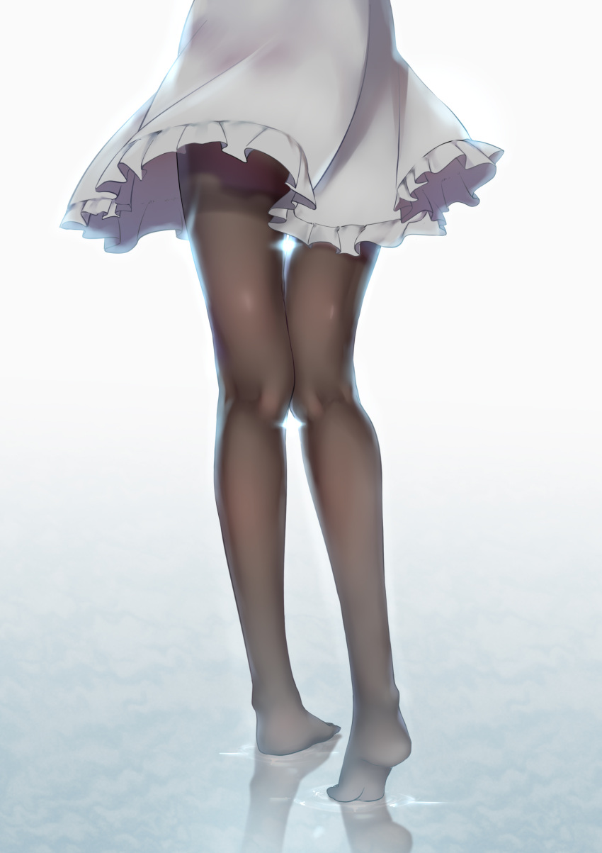 black_legwear bloom frilled_skirt frills from_behind gins grey_skirt highres kneepits legs lower_body original pantyhose ripples skirt solo thighs walking wind wind_lift