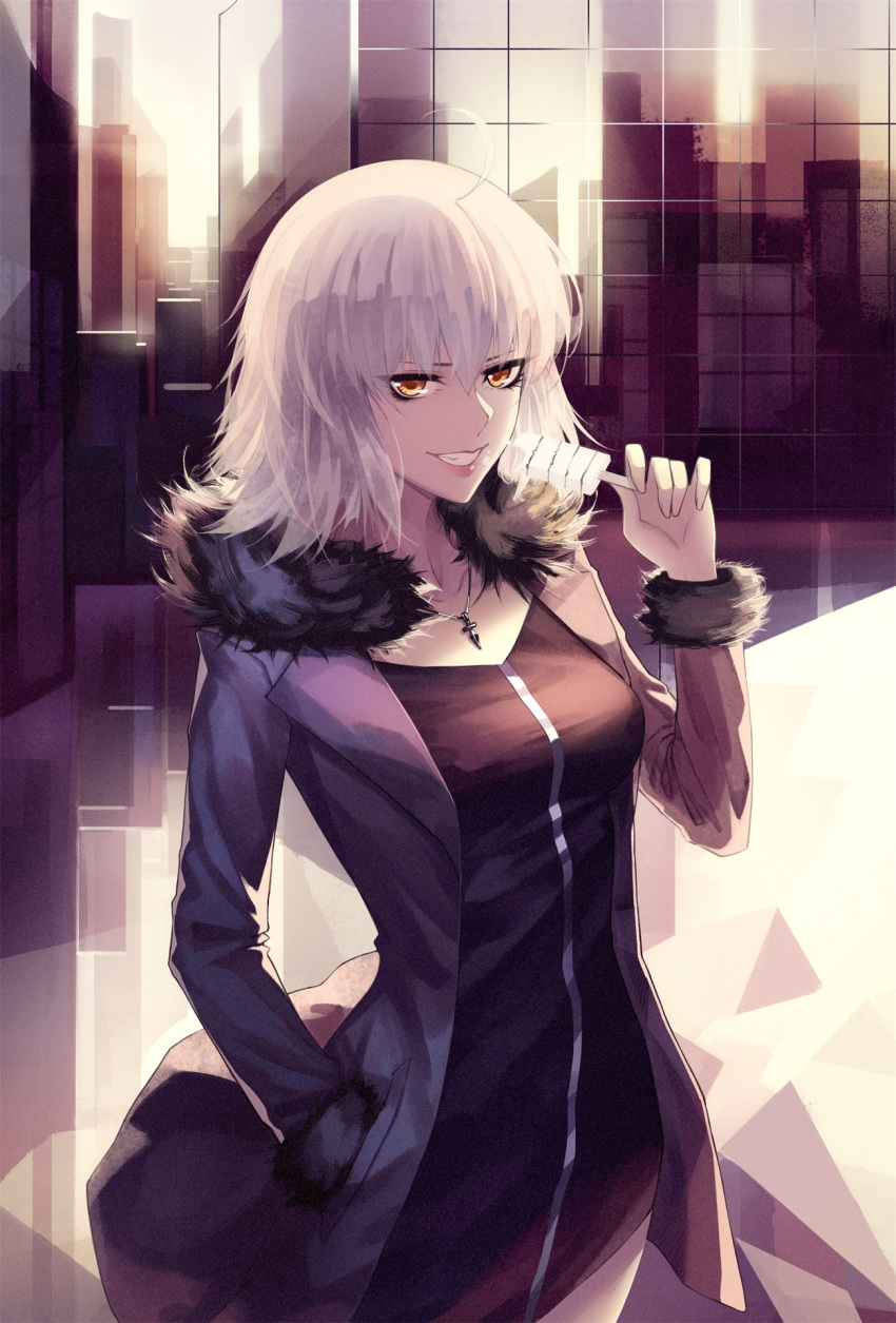 1girl ahoge black_dress coat commentary_request dark_persona dress evil_smile fate/grand_order fate_(series) food fur-trimmed_coat fur_trim hand_in_pocket highres holding holding_food ice_cream jeanne_d'arc_(alter)_(fate) jeanne_d'arc_(fate)_(all) jewelry lips looking_at_viewer necklace red-d short_dress short_hair smile solo white_hair yellow_eyes