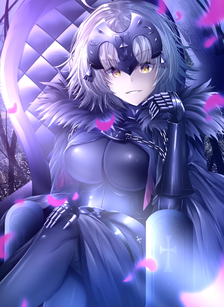 1girl absurdres ahoge black_dress breasts breasts_apart dress eyebrows_visible_through_hair fate/grand_order fate_(series) gauntlets hair_ornament hand_on_own_knee highres jeanne_d'arc_(alter)_(fate) jeanne_d'arc_(fate)_(all) large_breasts legs_crossed looking_at_viewer parted_lips shiny shiny_clothes short_hair silver_hair sitting solo suisen-21 yellow_eyes