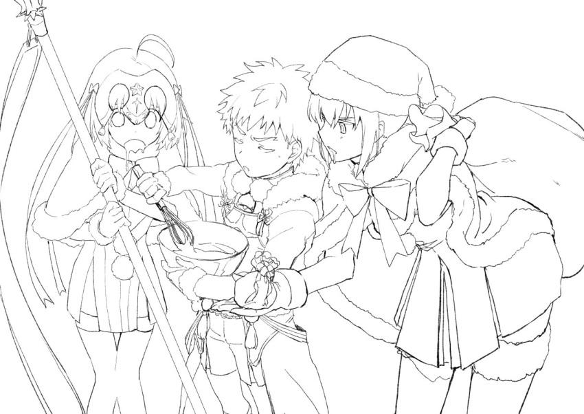 1boy 2girls ahoge archer artoria_pendragon_(all) bell bent_over cape child closed_eyes drooling fate/grand_order fate_(series) fur_trim greyscale hat jeanne_d'arc_(alter)_(fate) jeanne_d'arc_(fate)_(all) jeanne_d'arc_alter_santa_lily lineart matsuya_(syohsa) mixing_bowl monochrome multiple_girls santa_alter santa_hat short_hair simple_background whisk white_background younger