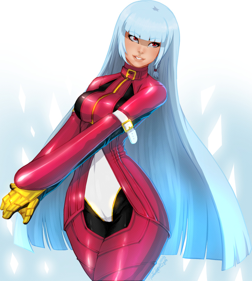 1girl bangs blue_hair blunt_bangs bodysuit breasts collar cowboy_shot cropped_jacket eyebrows_visible_through_hair gloves highres kula_diamond long_hair medium_breasts red_eyes slender_waist solo the_king_of_fighters tovio_rogers v_arms very_long_hair