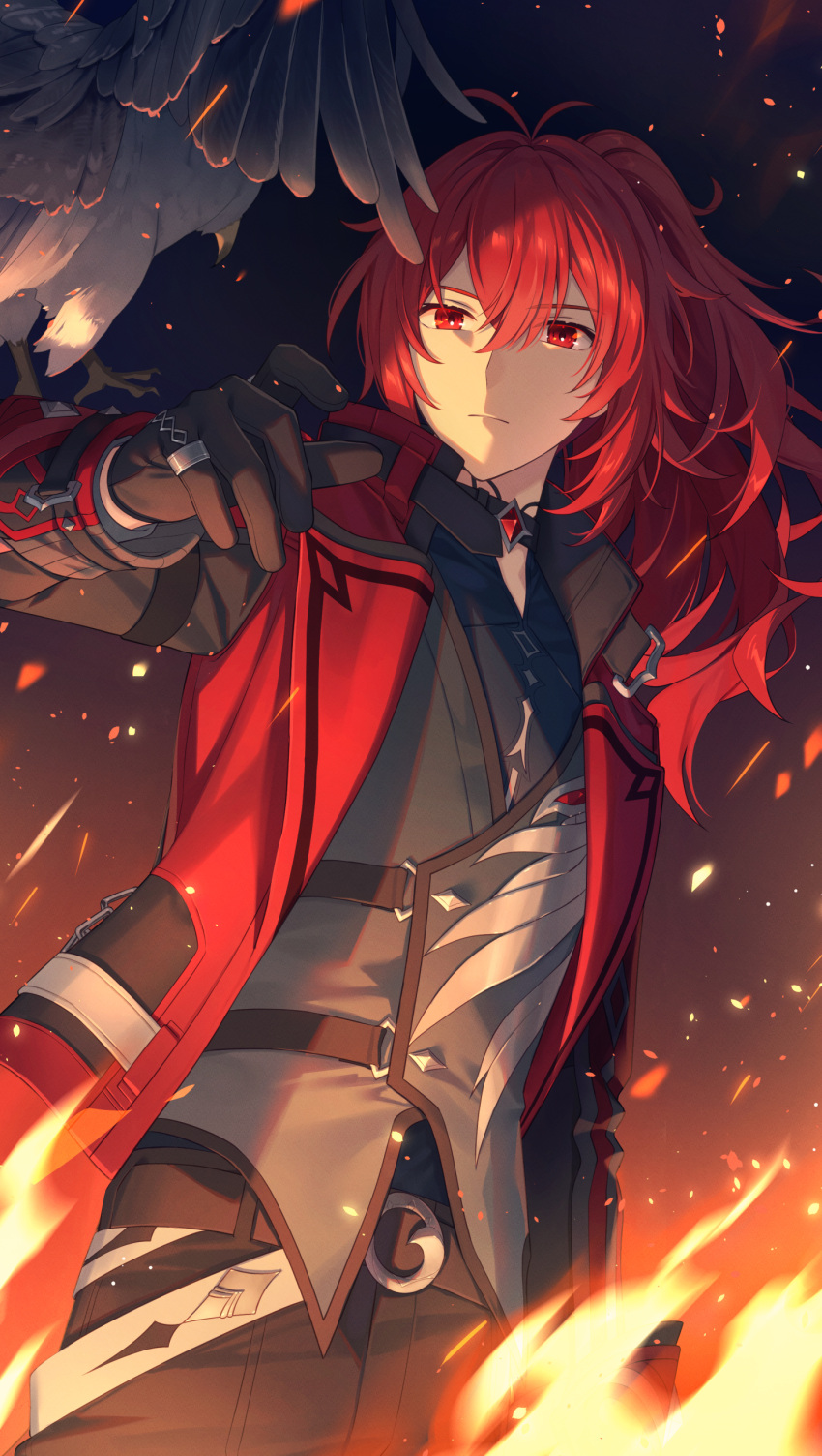 1boy absurdres bangs bird black_gloves bshi_edayo coat diluc_(genshin_impact) diluc_(red_dead_of_night)_(genshin_impact) fire genshin_impact gloves hair_between_eyes highres jacket long_hair long_sleeves male_focus official_alternate_costume owl ponytail red_eyes red_jacket redhead solo vest