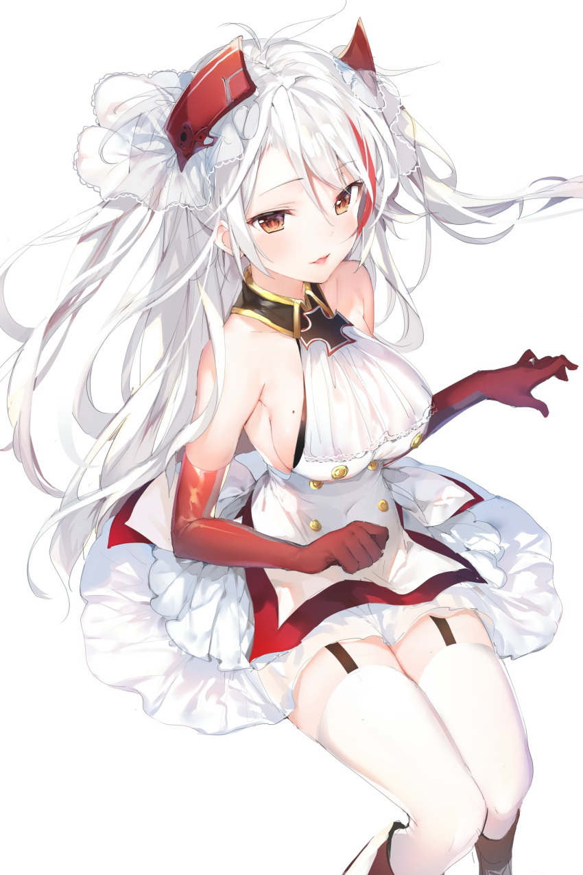 1girl azur_lane bare_shoulders blush breasts brown_eyes buttons dress elbow_gloves garter_straps gloves hair_ornament highres iron_cross large_breasts long_hair looking_at_viewer mole mole_on_breast orange_eyes parted_lips prinz_eugen_(azur_lane) red_gloves sideboob simple_background smile solo thigh-highs two_side_up umibouzu_(niito) very_long_hair white_background white_dress white_hair white_legwear