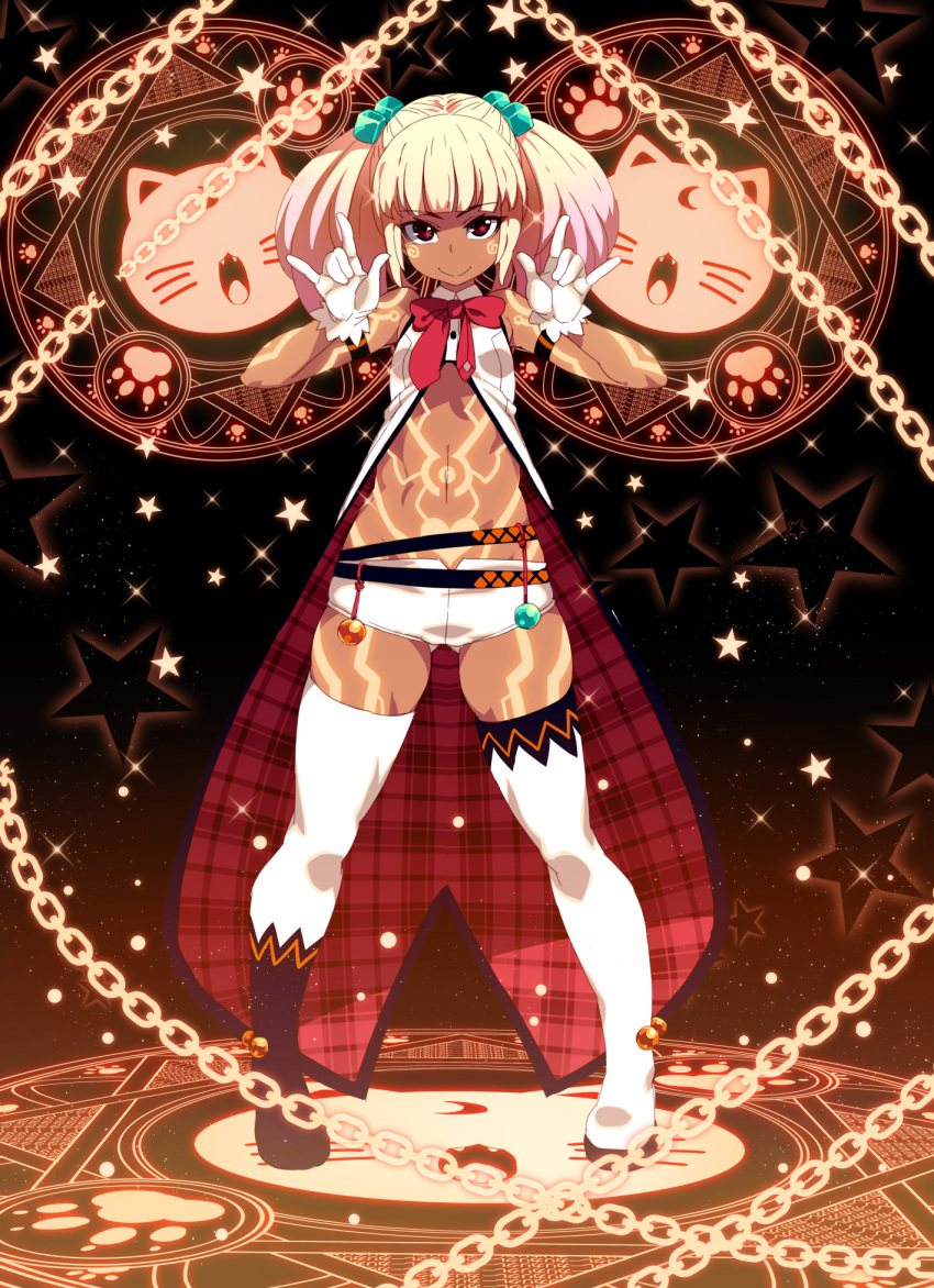 1girl \m/ armband asymmetrical_legwear bangs blunt_bangs boots bow bowtie brown_eyes chains closed_mouth coat dark_skin double_\m/ eyebrows_visible_through_hair full_body_tattoo gloves gluteal_fold hands_up highres legs_apart looking_at_viewer magic magic_circle original panties pigeon-toed red_neckwear skindentation smile solo standing tasaka_shinnosuke tattoo thigh-highs thigh_boots twintails underwear white_gloves white_panties