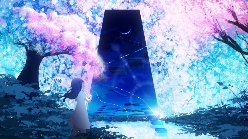 1girl black_hair cherry_blossoms day dress facing_away from_behind grass highres long_hair monolith_(object) original outdoors plant scenery short_sleeves solo standing tree white_dress y_y_(ysk_ygc)