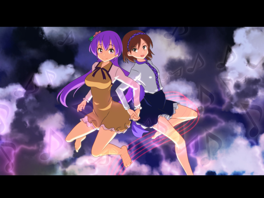 2girls :d barefoot brown_hair cato_(monocatienus) clouds cloudy_sky commentary_request dress eyebrows_visible_through_hair floating flower hair_flower hair_ornament hand_holding interlocked_fingers letterboxed long_hair long_sleeves looking_at_viewer multiple_girls musical_note open_mouth pink_eyes purple_hair short_hair skirt sky smile touhou tsukumo_benben tsukumo_yatsuhashi yellow_dress yellow_eyes