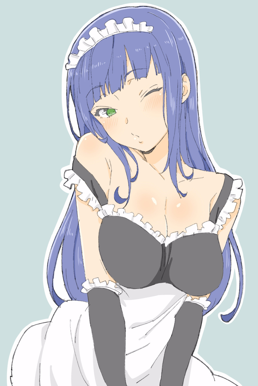 1girl absurdres apron bangs bare_shoulders black_gloves blue_background blue_hair blunt_bangs blush breast_squeeze breasts cleavage closed_mouth contrapposto donguri_suzume elbow_gloves eyebrows_visible_through_hair gloves green_eyes highres large_breasts long_hair looking_at_viewer maid maid_apron maid_headdress one_eye_closed simple_background solo standing upper_body